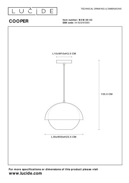Lucide COOPER - Hanglamp - Ø 30 cm - 1xE27 - Mat Goud / Messing - technisch